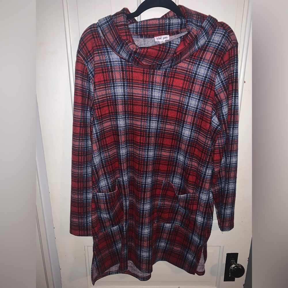 Tribal Jeans Plaid Cowl Turtleneck Tunic-3X -Soft and Cozy - Holidays/Christmas